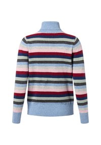 Strepen trui met een opstaande kraag, in kleuren zoals blauw, roze, rood en grijs. Zachte textuur met ribbelaccenten bij de kraag en zoom.