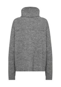 Grått stickat tröja med hög krage och långa ärmar. Tyget är ribbat och har en avslappnad passform samt sänkt axeldesign.