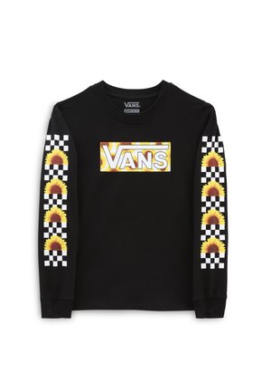 Sort langærmet skjorte med et centralt "VANS" logo, gule solsikker og ternede mønstre på ærmerne. Fremstillet af bomuldsstof.