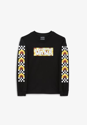 T-shirt noir à manches longues avec un logo central "VANS", des tournesols jaunes et des motifs à carreaux sur les manches. Fabriqué en coton.