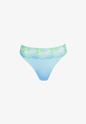 Lichtblauwe damesstring met groene en blauwe bloemenkant langs de tailleband.