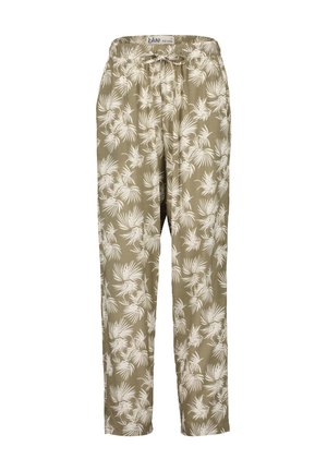 Oliwkowe spodnie z białym tropikalnym wzorem liści, elastyczny pas ze sznurkiem i prosty krój nogawek.