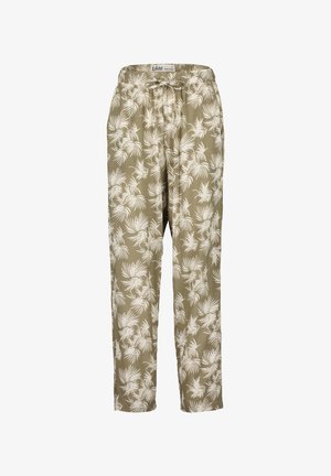 Olijfgroene broek met witte tropische bladmotief, elastische tailleband met trekkoord en rechte pijpen.