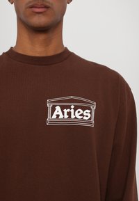 Brun langærmet skjorte i bomuld med et hvidt grafisk design af ordet "Aries" inden i en omrids af en struktur på brystet.