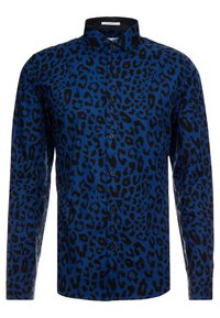 Niebieska koszula na guziki w panterkę o dopasowanym kroju, z klasycznym kołnierzykiem, czarnymi guzikami i długimi rękawami. Miękka faktura tkaniny.