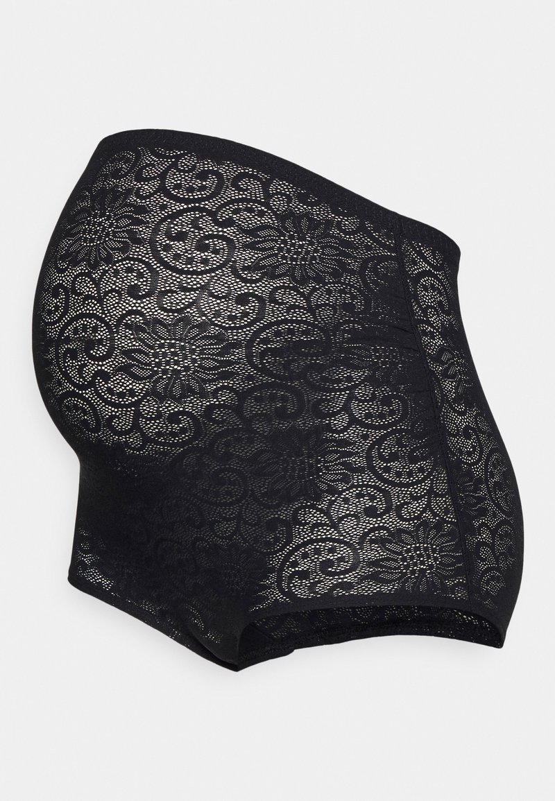 Calças hipster em renda preta com padrão floral e detalhes texturizados, concebidas com uma cintura alta e uma silhueta suave.