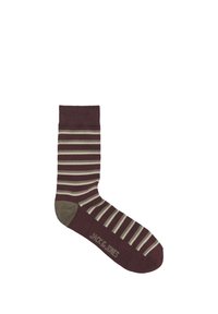 Bordeaux en beige gestreepte sok met een effen bordeaux enkel en een verstevigde teen. MerklLogo "JACK & JONES" gedrukt op de onderkant.