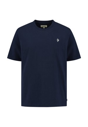 Navy blue cotton t-shirt with short sleeves, a round neckline, and a small white logo on the left chest. Smooth, plain texture.