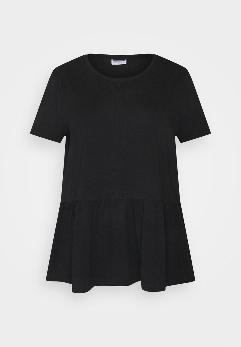 T-shirt nera a maniche corte con scollatura rotonda e orlo inferiore arricciato e svasato. Realizzata in tessuto morbido e leggero.