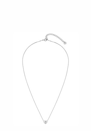 Silberne Halskette mit einer dünnen Kette, die ein kleines, glattes Herzanhänger in der Mitte und einen verstellbaren Verschluss hinten hat.