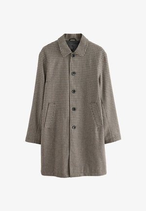 En rock med houndstooth-mönster i brunt och beige, med krage, femknappsstängning och två framfickor.