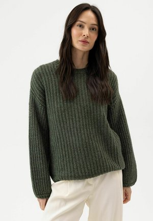 Donna con capelli lunghi e scuri che indossa un maglione verde scuro lavorato a maglia grossa e pantaloni beige chiaro, in piedi su uno sfondo bianco uniforme.
