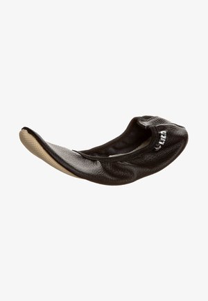Black flat shoe with a textured upper, curved toe design, and a flexible, beige sole. Features a snug fit with a fabric lining.