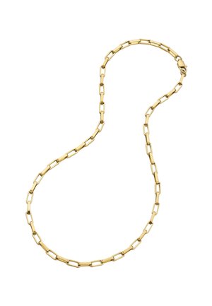 Guld halskæde med forlængede rektangulære led. Glat tekstur med en poleret overflade og en hummerklipslukning.