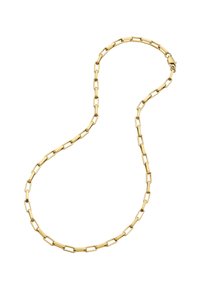 Zlatna ogrlica s povezima u obliku izduženih pravokutnika. Glatka tekstura s poliranim završetkom i zatvaranjem na kopču u obliku jastoga.