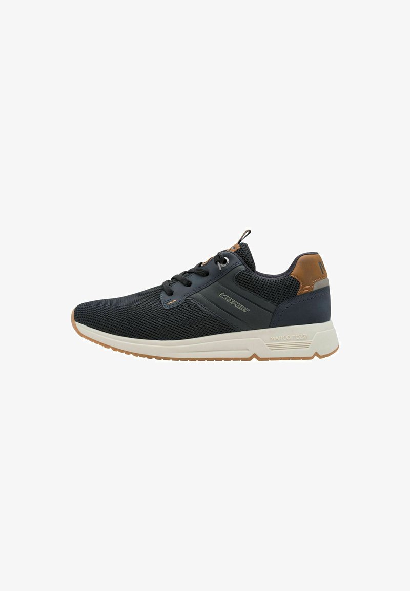 Chaussures de sport en mesh noir avec des renforts synthétiques, semelle en caoutchouc brun, lacets ronds et détails en cuir marron au niveau du talon et de la languette.