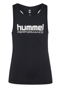 Svart sporttopp med en figurnära design. Har en stor vit "hummel PERFORMANCE" logga på framsidan och urtagsdetaljer på axlarna.