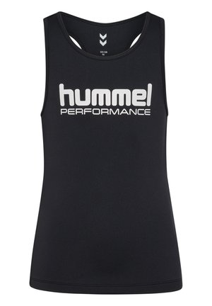 Zwarte sportieve tanktop met een aansluitend ontwerp. Heeft een groot wit "hummel PERFORMANCE" logo op de voorkant en uitgesneden details op de schouders.