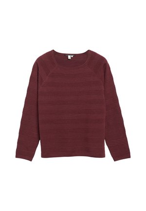 Maroonfarbener Pullover mit langen Ärmeln, horizontal gerippter Textur und rundem Ausschnitt, auf weißem Hintergrund dargestellt.