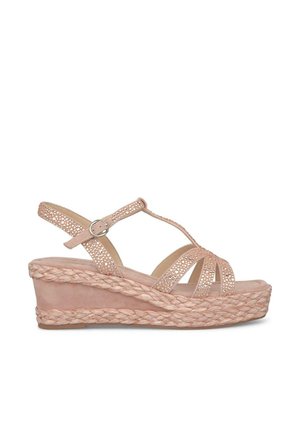 Pink suede wedge sandals with decorative straps featuring cut-out holes, braided jute detailing, and a cushioned footbed.