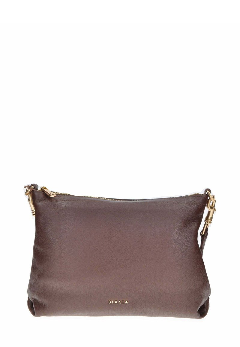 Borsa a tracolla in pelle marrone con una texture morbida, chiusura a zip e hardware dorato. Presenta un logo sottile sul davanti e una tracolla rimovibile.