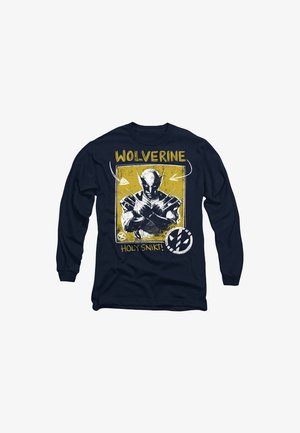 Navy long-sleeve t-shirt featuring a Wolverine graphic in yellow and white, with “HOLY SNIKT!” text and comic-style accents.
