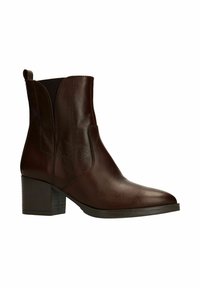 Bruine leren enkelboot met een spitse neus, elastische zijpanelen en een blokhak. Glad oppervlak met zichtbare stiksels.