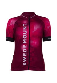 Maillot de cyclisme à manches courtes en dégradé rose, avec une fermeture éclair à l'avant, un motif pixélisé et la marque "SWEDEMOUNT" sur la poitrine et les manches.