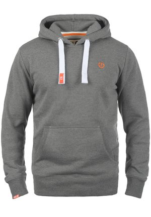 Gray sweatshirt with a hood, white drawstrings, and a front pocket. Features an orange logo on the chest and a red tag on the sleeve.