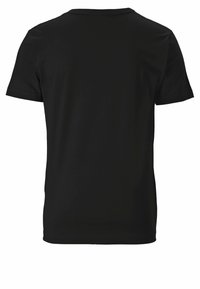Black cotton t-shirt with short sleeves, crew neck, and a smooth texture. No visible branding or patterns; solid color design.