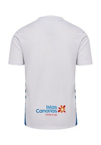 Vit sporttröja med blå accenter på sidorna, korta ärmar och krage. Anmärkningsvärd logotyp "Islas Canarias" på baksidan.
