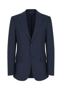 Granatowa marynarka dopasowana, jedno guziki, z dwoma guzikami, klapami i kieszenią na piersi, wykonana z gładkiego materiału.
