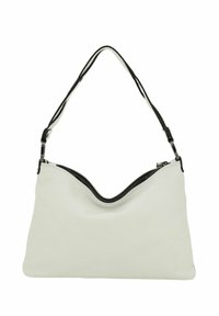 Borsa a tracolla bianca in pelle con silhouette arrotondata, zip nera e doppio manico nero. Texture liscia con design minimalista.