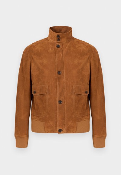Brown suede jacket with high collar, button closure, two front flap pockets, and ribbed cuffs and hem.