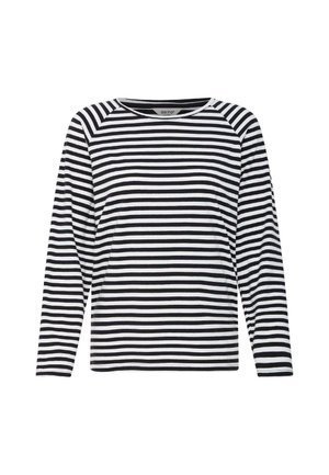 Chemise à manches longues à rayures horizontales noires et blanches avec encolure ronde et manches raglan, présentée sur un fond blanc.