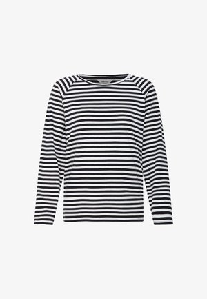 Svart og hvit langermet skjorte med horisontale striper, rund hals og raglanermer, vist på hvit bakgrunn.