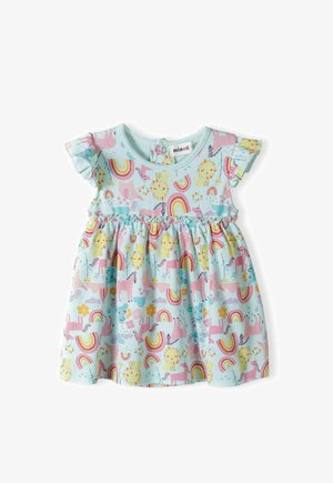 Light blue dress with short ruffled sleeves, featuring colorful patterns of rainbows, animals, and flowers. Elastic waist for a flared silhouette.