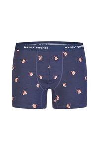 Granatowe bokserki z miękkiej, elastycznej tkaniny, ozdobione wzorem beżowych figurek piernikowych i lasek cukrowych. Elastyczny pas oznaczony napisem "HAPPY SHORTS."