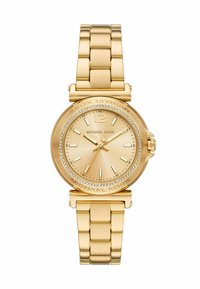 Złoty zegarek Michael Kors z okrągłą tarczą, bezel z kryształkami oraz metalową bransoletą z ogniwami. Posiada minimalistyczny cyferblat.