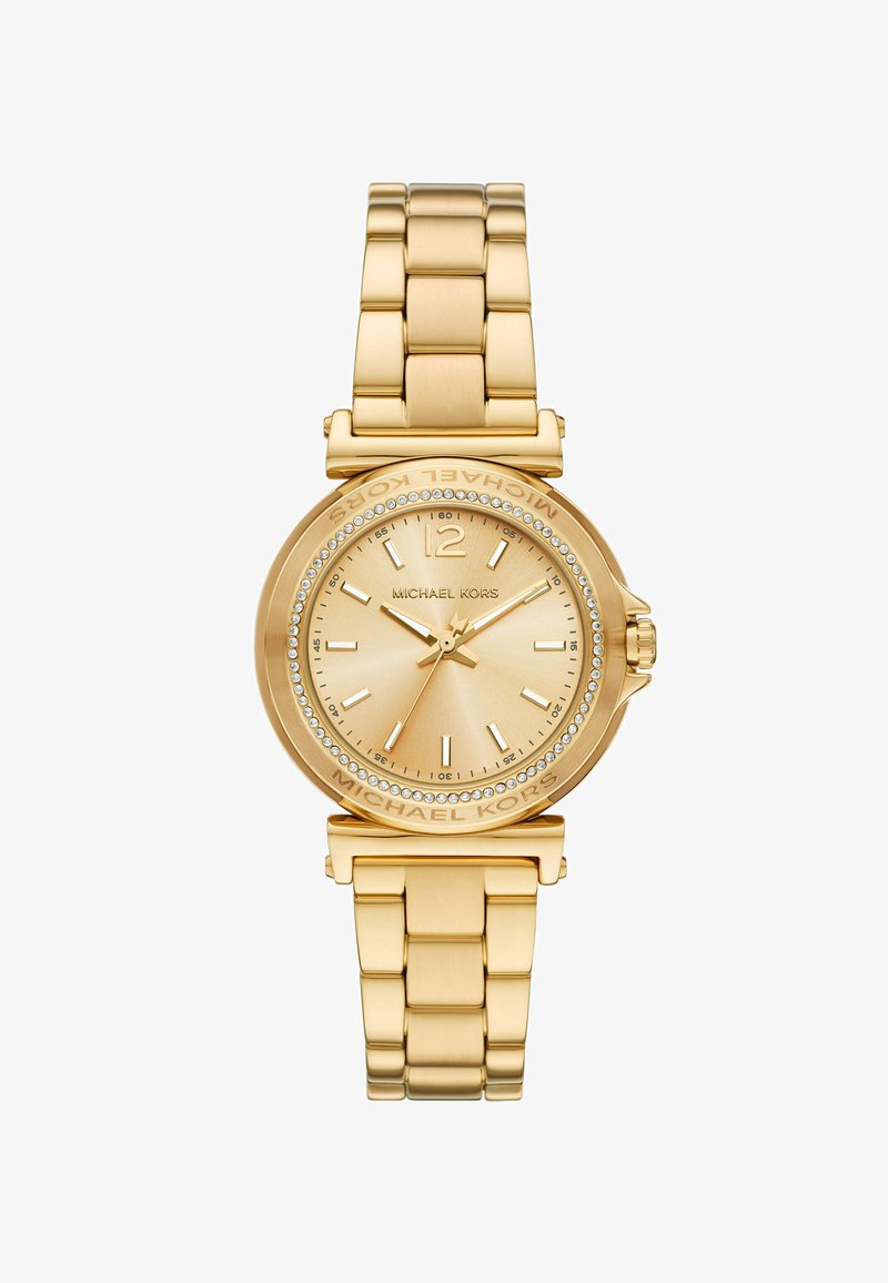 Złoty zegarek Michael Kors z okrągłą tarczą, bezel z kryształkami oraz metalową bransoletą z ogniwami. Posiada minimalistyczny cyferblat.