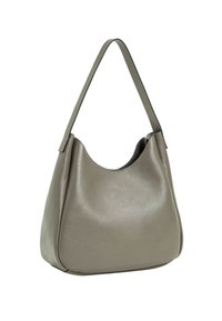 Borsa hobo in pelle verde oliva testurizzata, con una forma ampia, una singola tracolla liscia e una silhouette morbida e arrotondata.