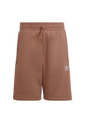 Bruine Adidas-short met trekkoord in de taille, zijzakken en wit Adidas trefoil-logo op het linkerbeen.