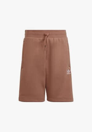 Bruine Adidas-short met trekkoord in de taille, zijzakken en wit Adidas trefoil-logo op het linkerbeen.