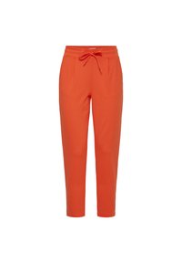 Pantalones de chándal naranjas con cintura elástica, cierre con cordón, y dos bolsillos frontales; diseño ajustado y textura suave.