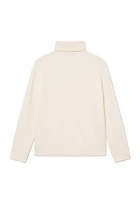 Pull à col roulé crème côtelé à manches longues, avec un col haut et une coupe décontractée. Design minimaliste sans motifs ni accents.