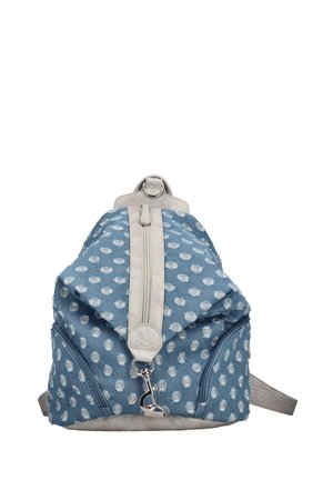 Blue fabric backpack with white polka dots, a gray textured bottom, top zip closure, and adjustable straps. Features a silver hardware clasp.