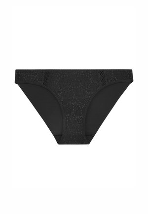 Slip neri con pizzo floreale, caratterizzati da un motivo in pizzo sul davanti, realizzati in un tessuto morbido con una superficie liscia e una vita elastica.