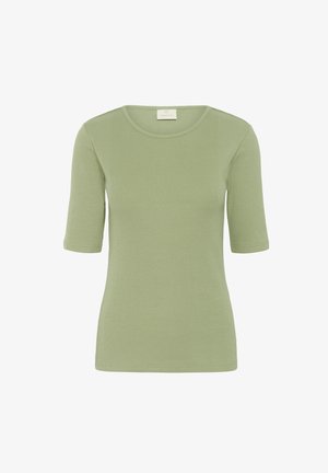 Korte mouwen, ronde hals t-shirt van lichtgroene ribbelstof. Beschikt over een zachte textuur en een eenvoudig ontwerp, geschikt voor casual gebruik.