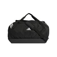 Bolso duffel negro con acabado texturizado, con diseño de tres rayas blancas, asas dobles y correa ajustable para el hombro.