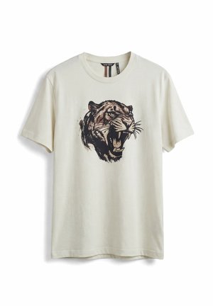 Camiseta blanca de manga corta con un gráfico de la cabeza de un tigre rugiente en tonos marrón y negro centrado en el frente.